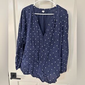 Blue with Cream Polka Dots Cinch Sleeve Blouse